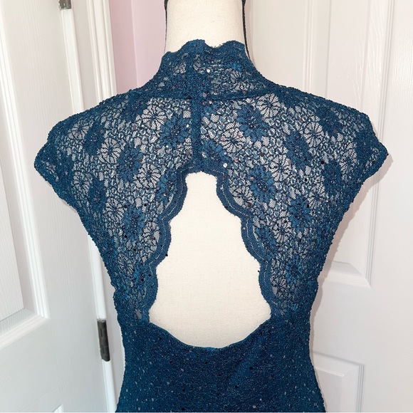 Connected Apparel teal lace and sequin sleeveless fitted evening cocktail dress - Picture 7 of 16